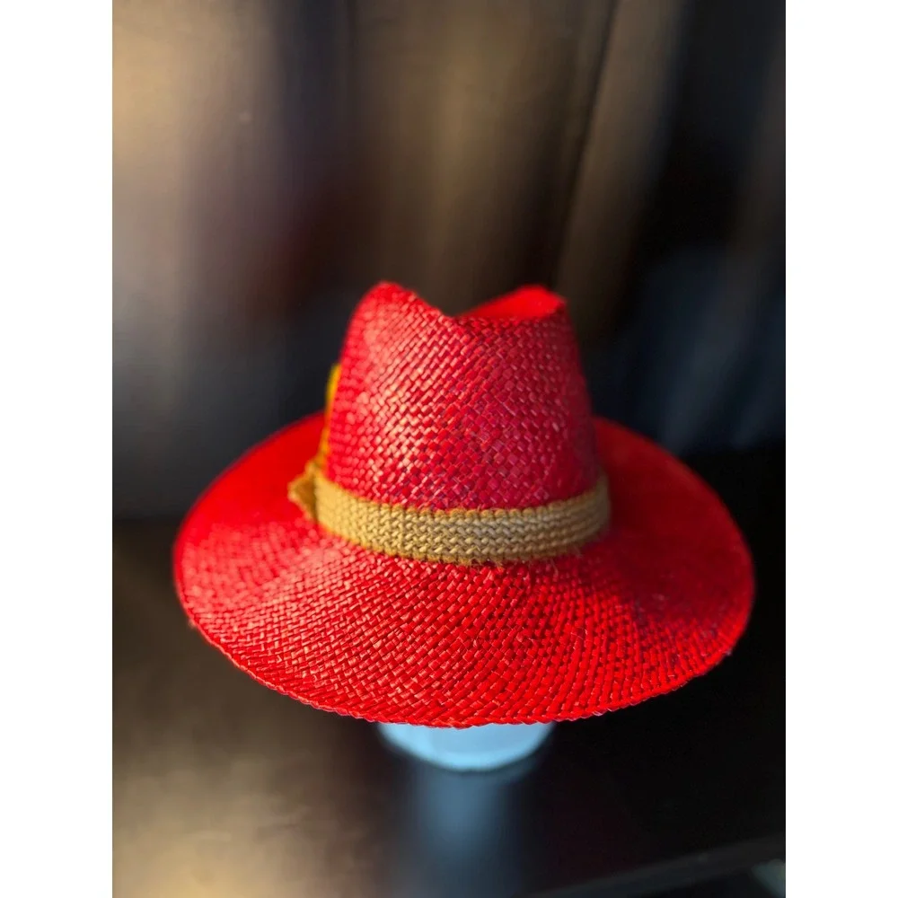 Vintage Red Woven Straw Fedora Hat with Yellow Feather and Buckle Detail